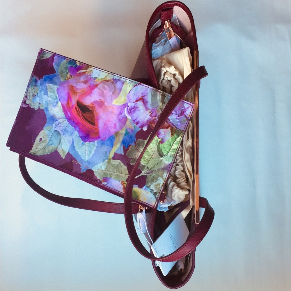 $50 or FREE Ted Baker Aeriel Vegan Leather Floral Oxblood Rose Clip Clutch Pouch